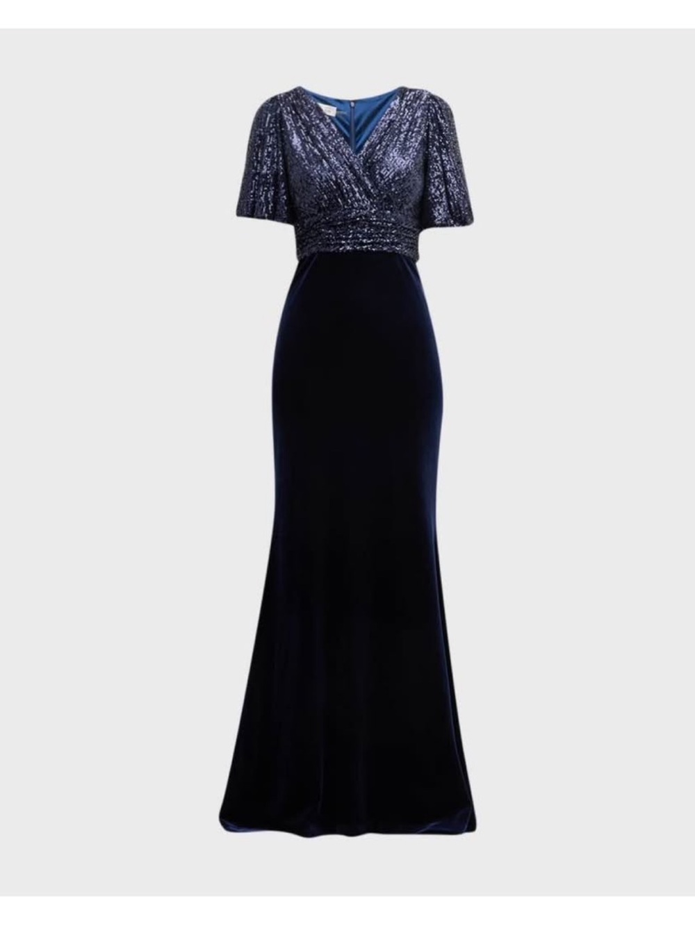 Rickie Freeman for Teri Jon Navy Sequin Wrap Velvet Maxi Gown